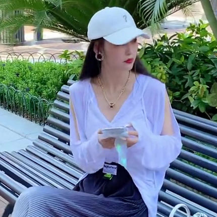 夏季冰感防晒衫小心机露肩上衣女薄宽松连帽小众设计感T恤中长款