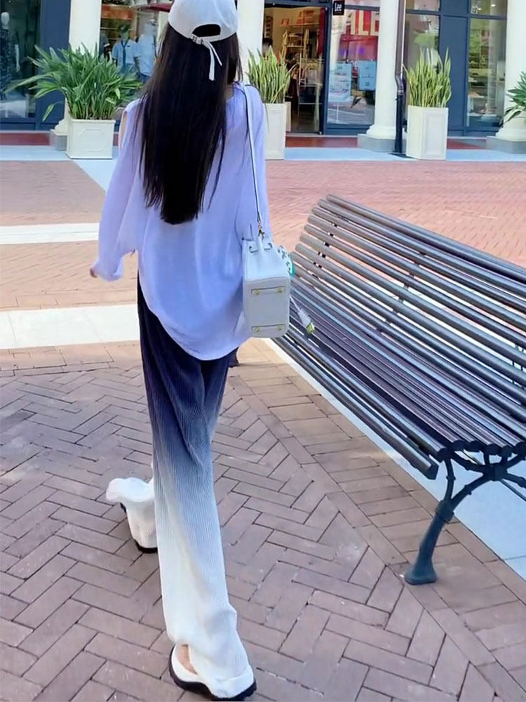 慵懒夏季新款渐变色阔腿裤冰丝拖地裤子女薄款防晒裤高腰显瘦百搭