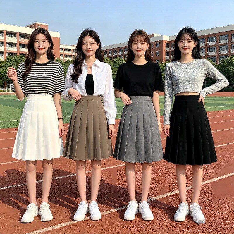 卡其黑灰色百褶裙女新款大学生运动会中长裙显瘦大码洋气半身短裙