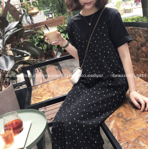 加大码女装夏装新款波点雪纺吊带连衣裙胖mm遮肚显瘦T恤两件套裙