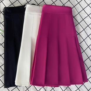 百褶裙 遮肉A字半身裙玫红防走光高腰新款 火龙果色短裙女夏季 韩版