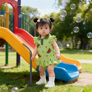 宝宝夏季半身裙女2026新款飞袖西瓜婴儿包屁裙夏薄款翻领外出洋气
