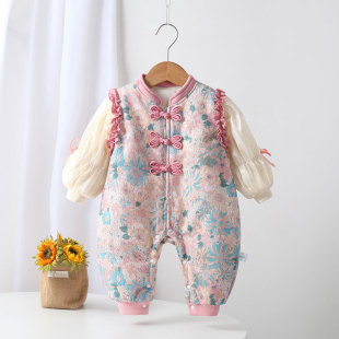 女宝宝秋冬衣服夹棉国风喜庆婴儿冬装连体衣女孩薄棉礼服外出服