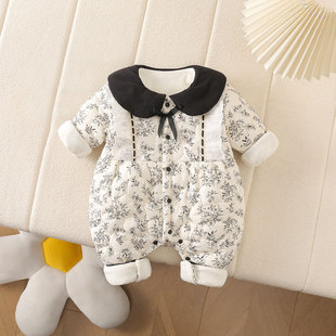 秋季婴幼儿衣服夹棉女宝薄棉哈衣宝宝连体衣秋冬加棉保暖外穿棉衣
