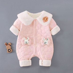 婴儿夹棉连体衣秋冬薄棉外穿女孩10个月宝宝秋冬衣服加绒保暖哈衣