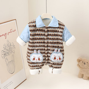 a类夹棉婴儿衣服男宝痞帅风哈衣假两件宝宝秋冬连体衣外穿薄棉衣