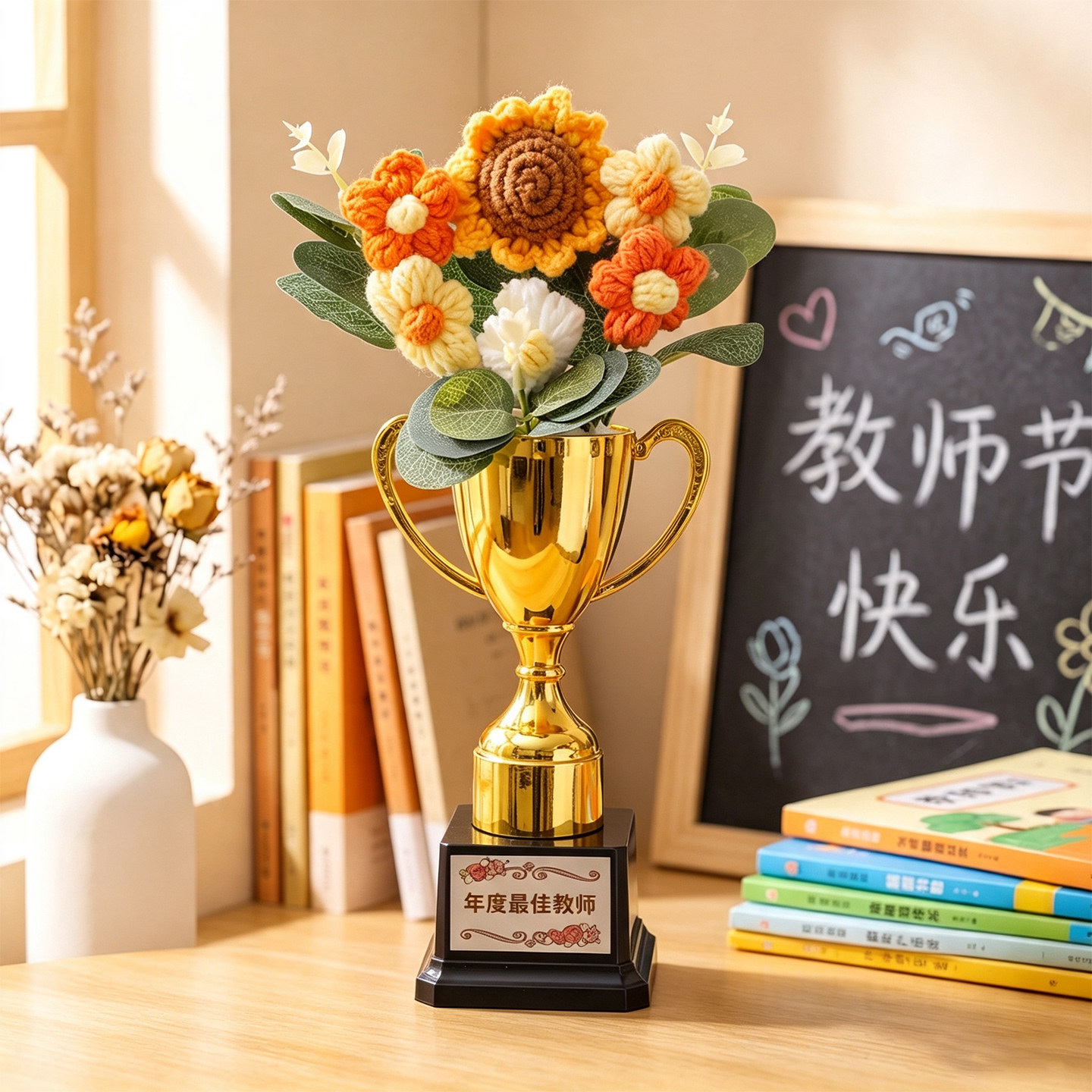 手工针织向日葵奖杯教师节送老师图片
