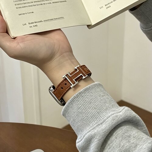 适用苹果手表细款H扣皮表带女