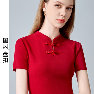 国风短袖 t恤女2025新款 斜襟盘扣新中式 上衣马面裙搭配红色打底衫