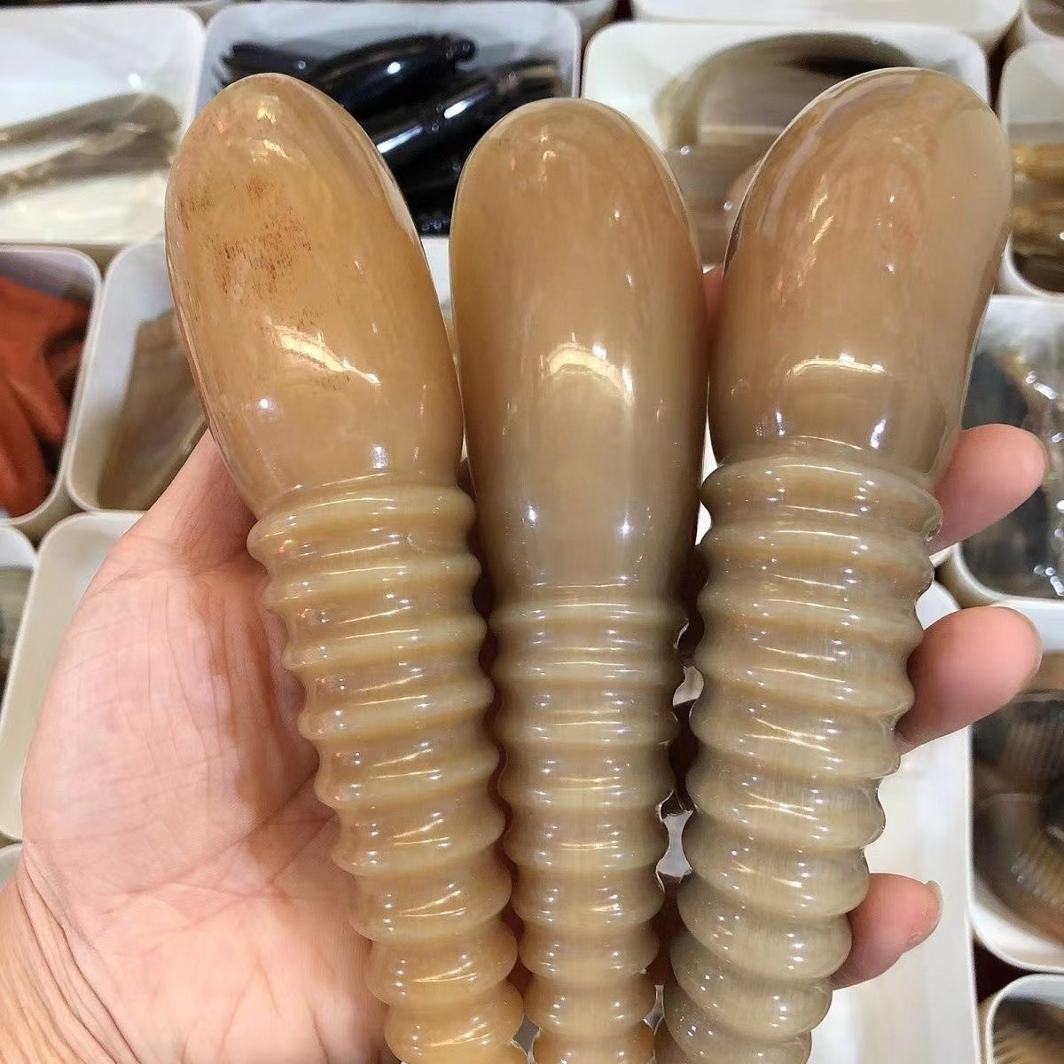 天然白牛角刮痧按摩筒板 刮痧桶筒茶勺 空心点穴棒按摩拨筋足底棒