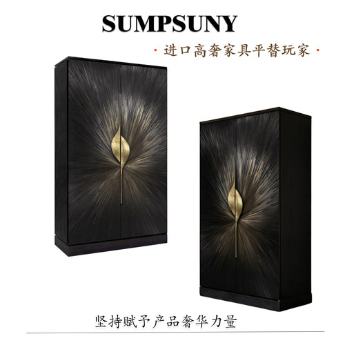 轻奢美式实木麦秆镶嵌酒柜