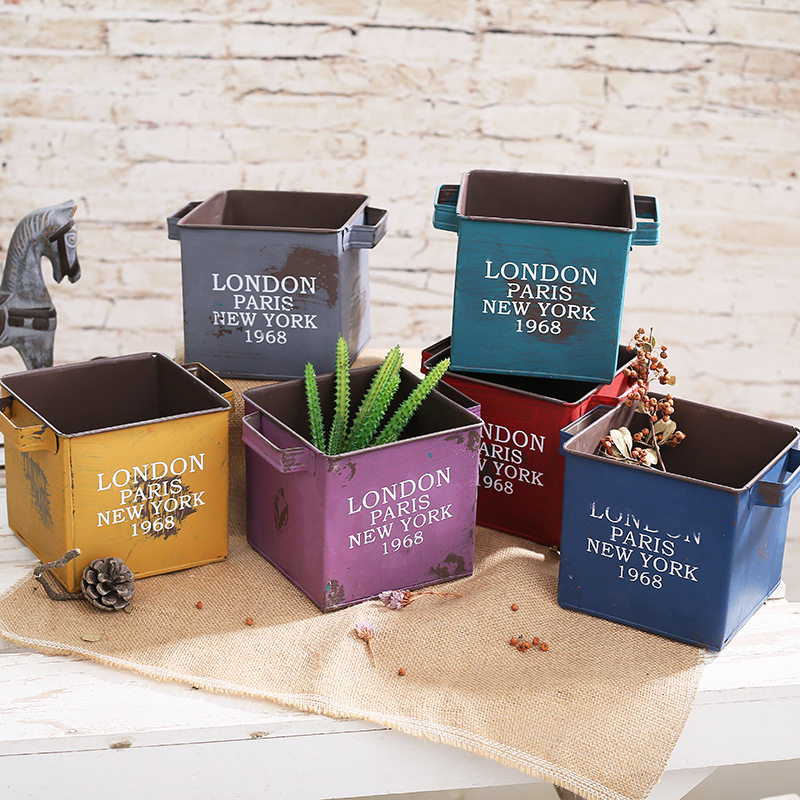 复古做旧方形铁皮花盆桌面创意收纳花器多肉花盆鲜花绿植盆栽花盆