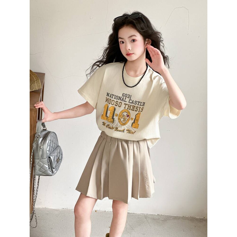 官方正品女童套装夏季2026新款儿童装洋气短袖百褶裙裤两件套中大