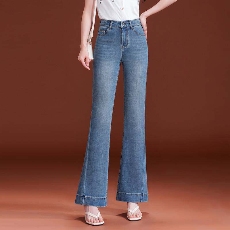 官方正品微喇牛仔裤女2026春季新款高腰烫钻显瘦时尚浅色宽边鱼尾