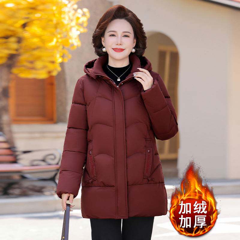 官方正品妈妈冬装加绒加厚洋气中长款棉衣中年女装冬季宽松休闲连