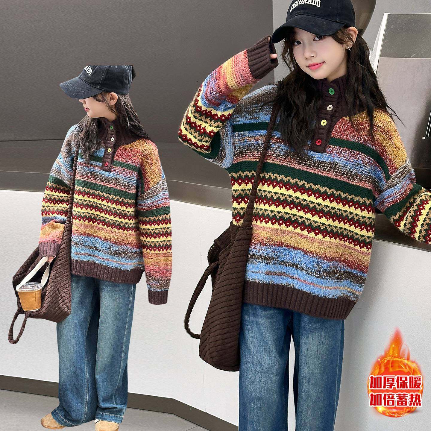 官方正品女童秋冬季花纹翻领毛衣2025新款儿童装洋气休闲中大童针