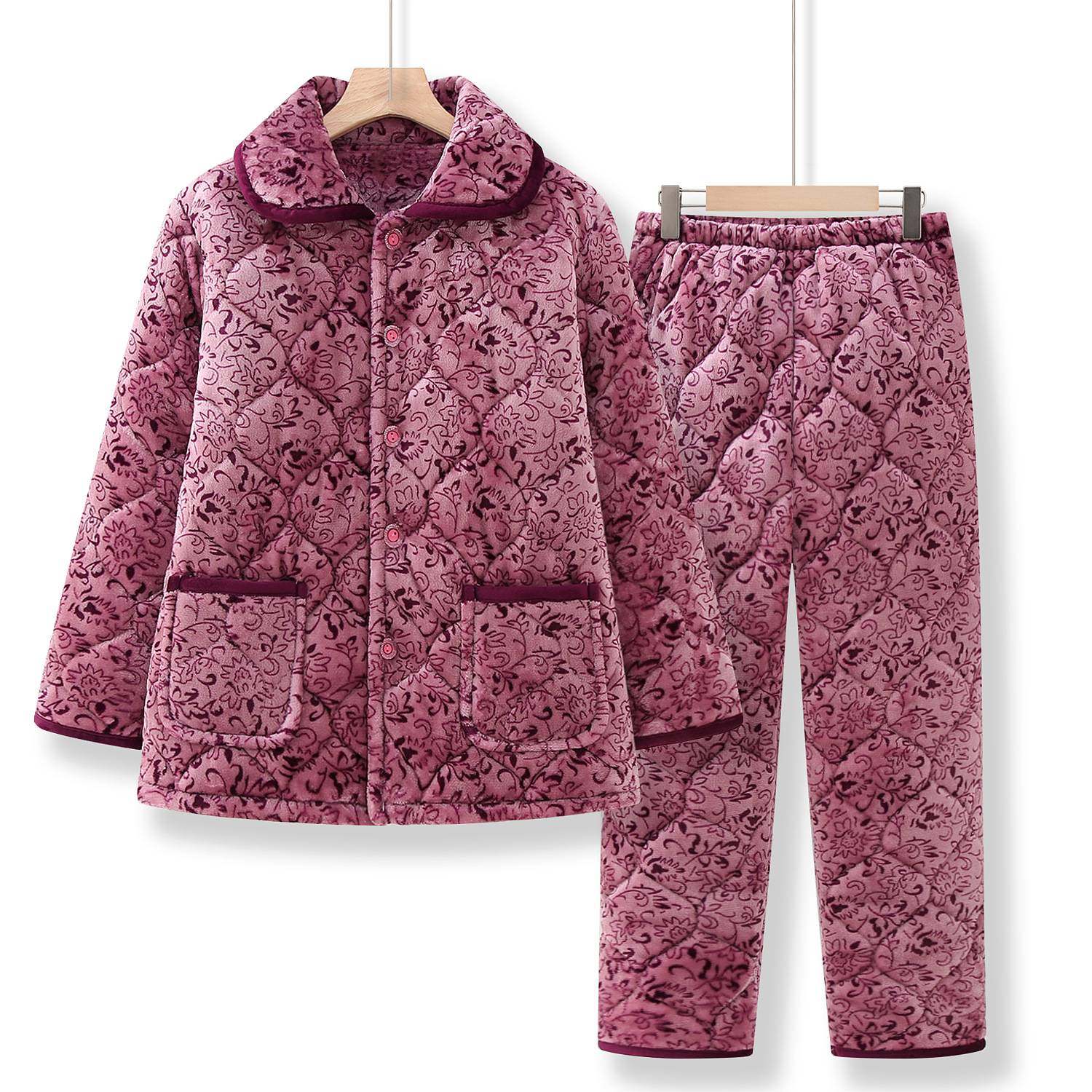 官方正品冬季加绒中老年人睡衣女法莱绒三层加厚套装奶奶保暖家居