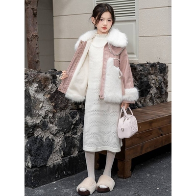 官方正品女童加绒中长款外套2025新款冬装洋气时髦中大童毛领加厚