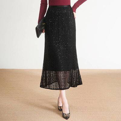 官方正品亮闪闪女装时尚松紧中长款亮片2026春秋季新款高腰包臀鱼