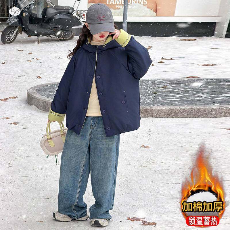 官方正品女童2025年冬季新款袖口绣花加绒棉衣女大童户外保暖时尚