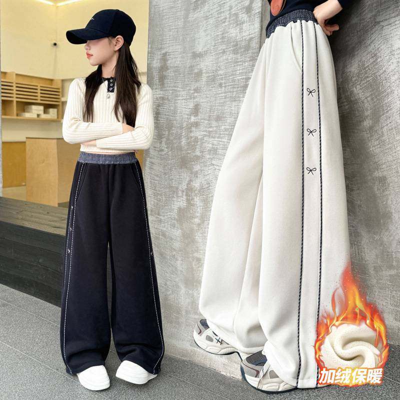 官方正品女童裤子冬季2025新款大儿童加绒加厚保暖休闲拼接格子阔