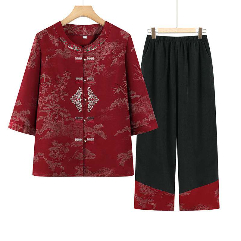 官方正品老太太夏季套装中老年女款唐装上衣妈妈夏装中国风衬衫裤