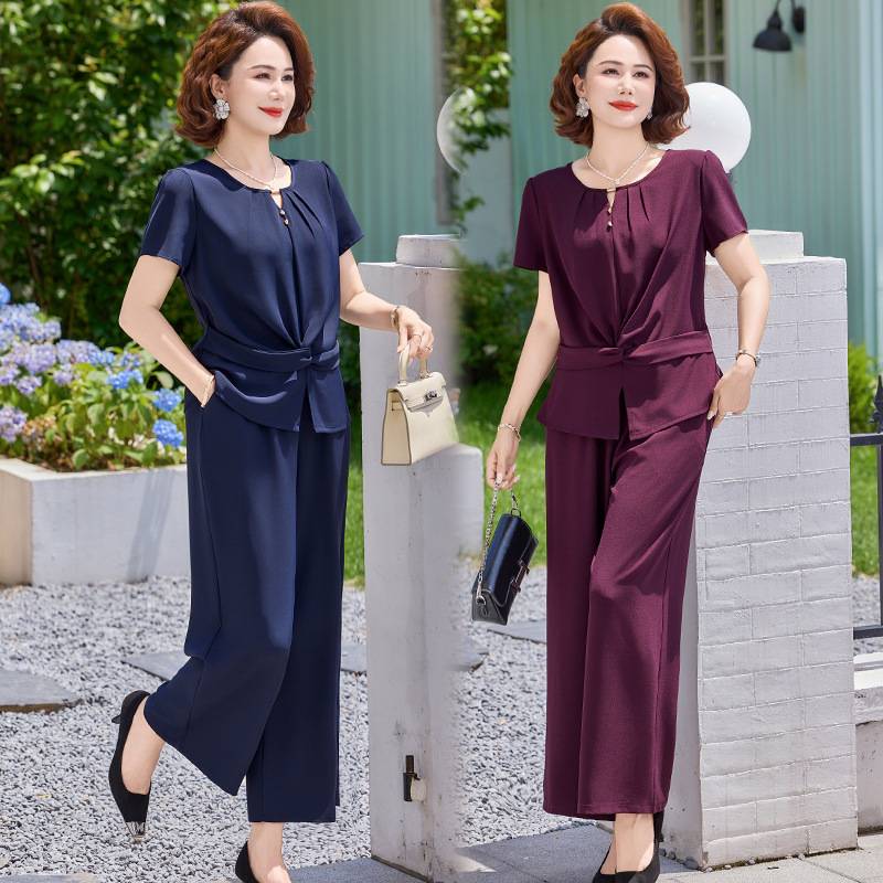 官方正品2026夏季新款短袖套装中老年女士气质显瘦小衫裤子妈妈夏