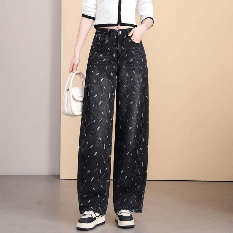 官方正品时尚黑色印花弯刀牛仔裤女春秋2026新款慵懒风高腰垂感显