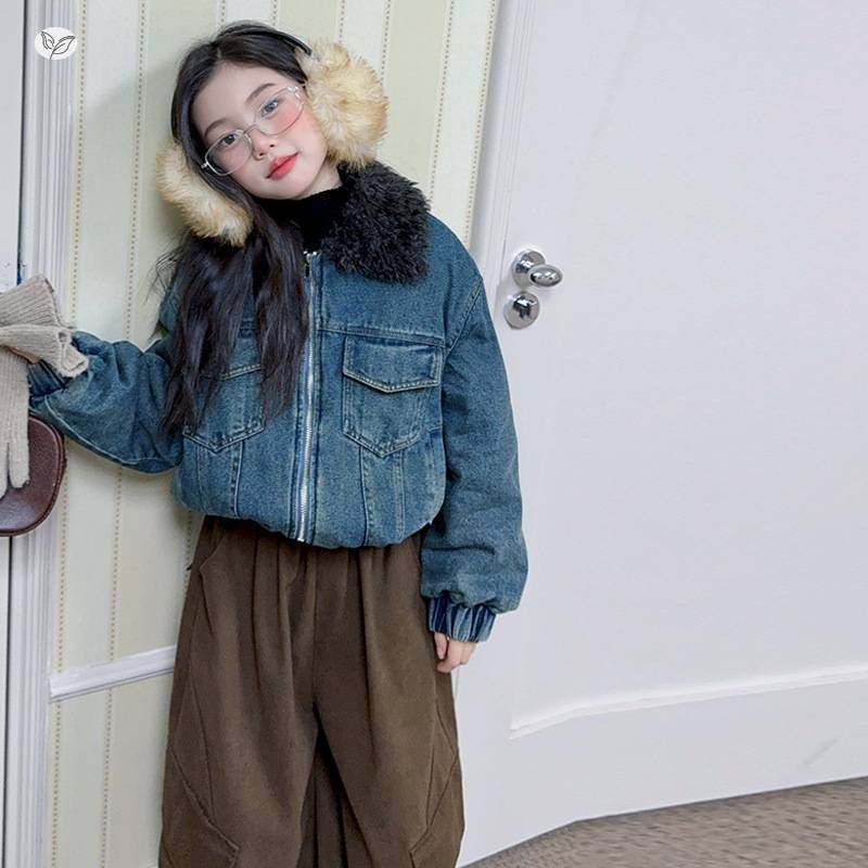 官方正品女童秋冬牛仔外套加绒加厚2025年新款中大童韩系翻领夹克