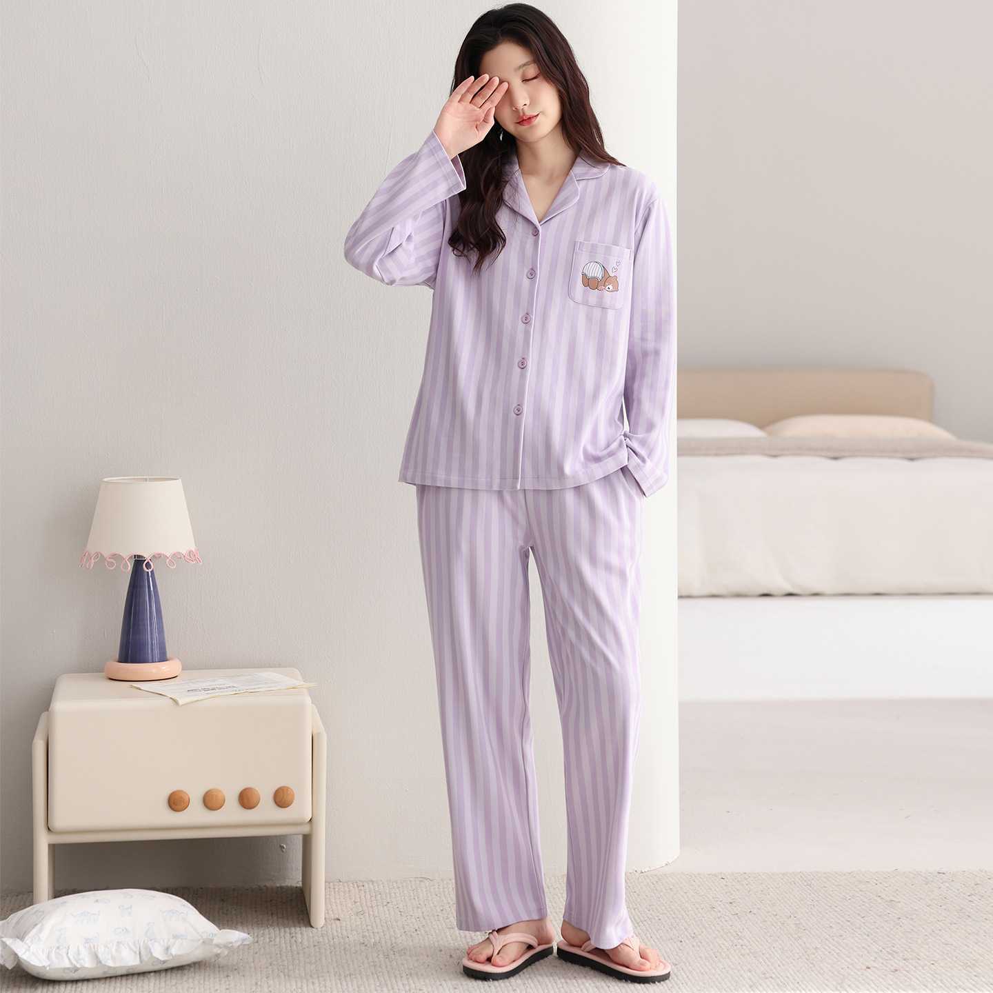 官方正品甜美紫色条纹睡衣女秋春纯棉长袖家居服胖mm开衫秋季可外