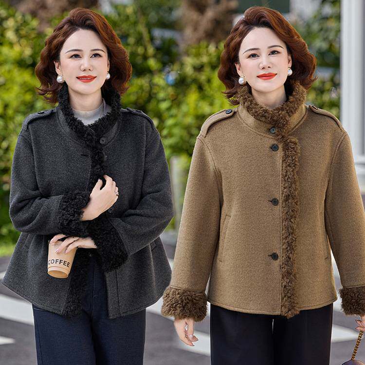 官方正品妈妈秋装时尚气质拼接立领仿羊羔毛外套中老年女装秋冬季