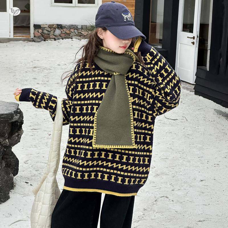 官方正品女童毛衣加厚2025秋冬新款黄色相间针织衫中大童撞色长袖