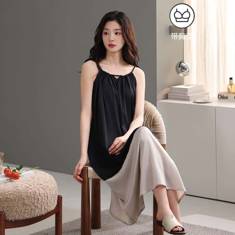 官方正品【带胸垫】吊带睡裙女士夏季冰丝绸超长裙睡衣蕾丝性感鱼