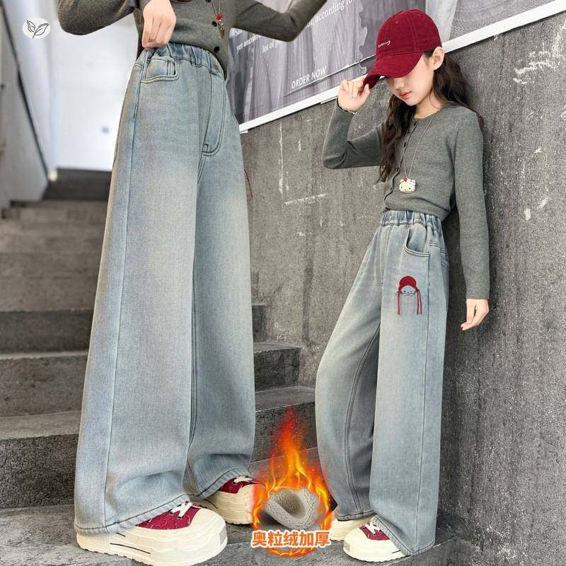 官方正品女童2025年冬季新款戴红帽小猫刺绣牛仔裤女大童小俏皮卡