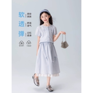 官方正品女童夏套装小女孩夏季亲肤短袖上衣半身裙轻薄大童夏装两