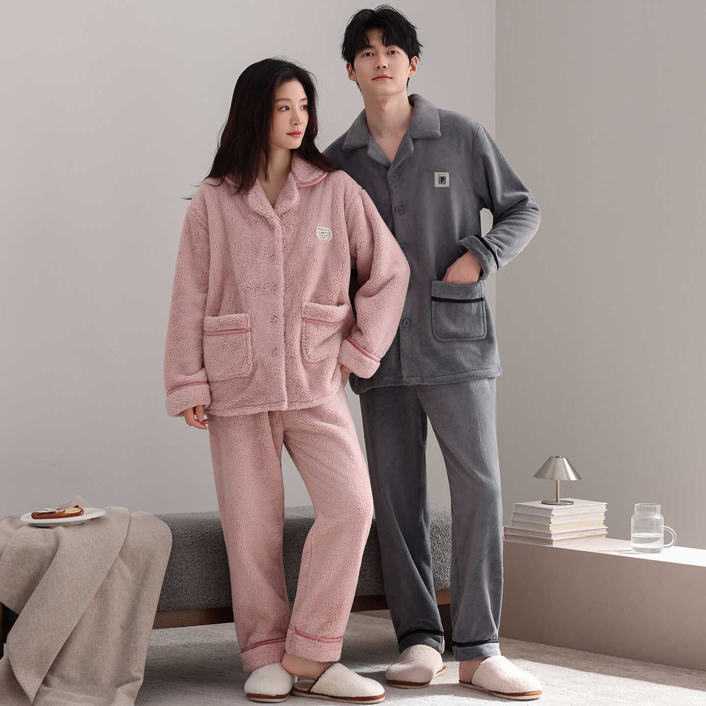 官方正品珊瑚绒睡衣情侣装冬季加绒加厚保暖一男一女纯色家居服加