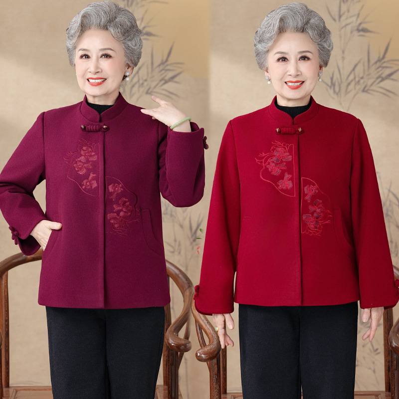 官方正品妈妈秋冬婚宴礼服加厚中老年人红色毛呢外套女喜奶奶上衣