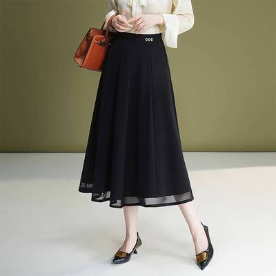 官方正品黑色网纱边a字裙女秋季2025新款高腰垂感宽松半身裙中长