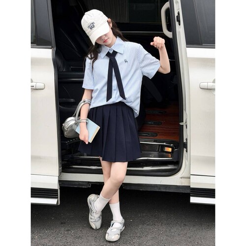 官方正品女童学院风套装夏中大童新款时髦洋气JK风百褶裙短袖衬衫