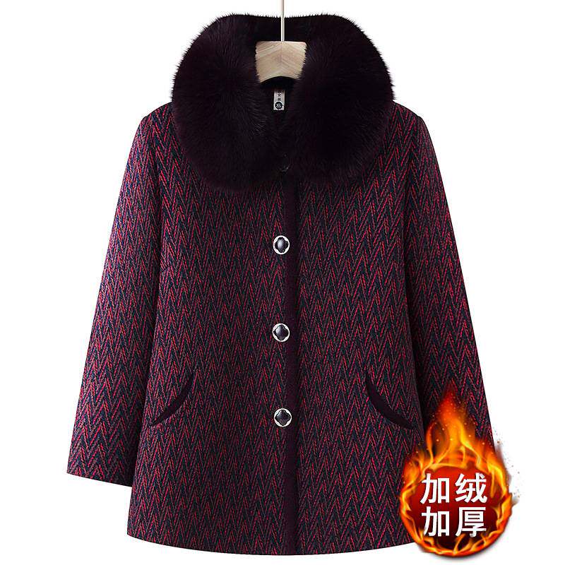 官方正品妈妈冬装加绒加厚洋气毛呢外套中老年女装宽松休闲带毛领