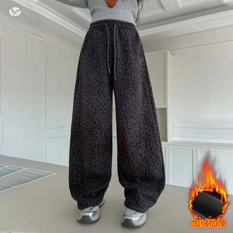 官方正品女童秋冬加绒豹纹裤2025年新款潮酷爵士舞服中大童休闲阔