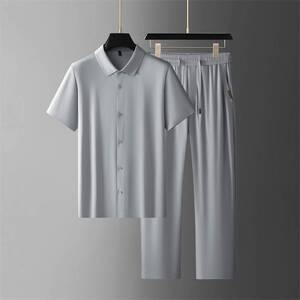 官方正品2026夏季新款男士大码翻领短袖衬衫套装商务休闲百搭凉感
