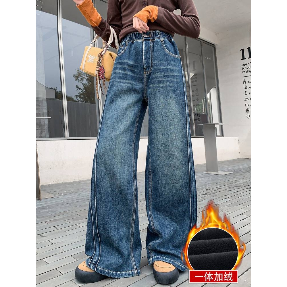 官方正品儿童一体绒牛仔裤2025冬款新款中大童女童裤子休闲加绒拖