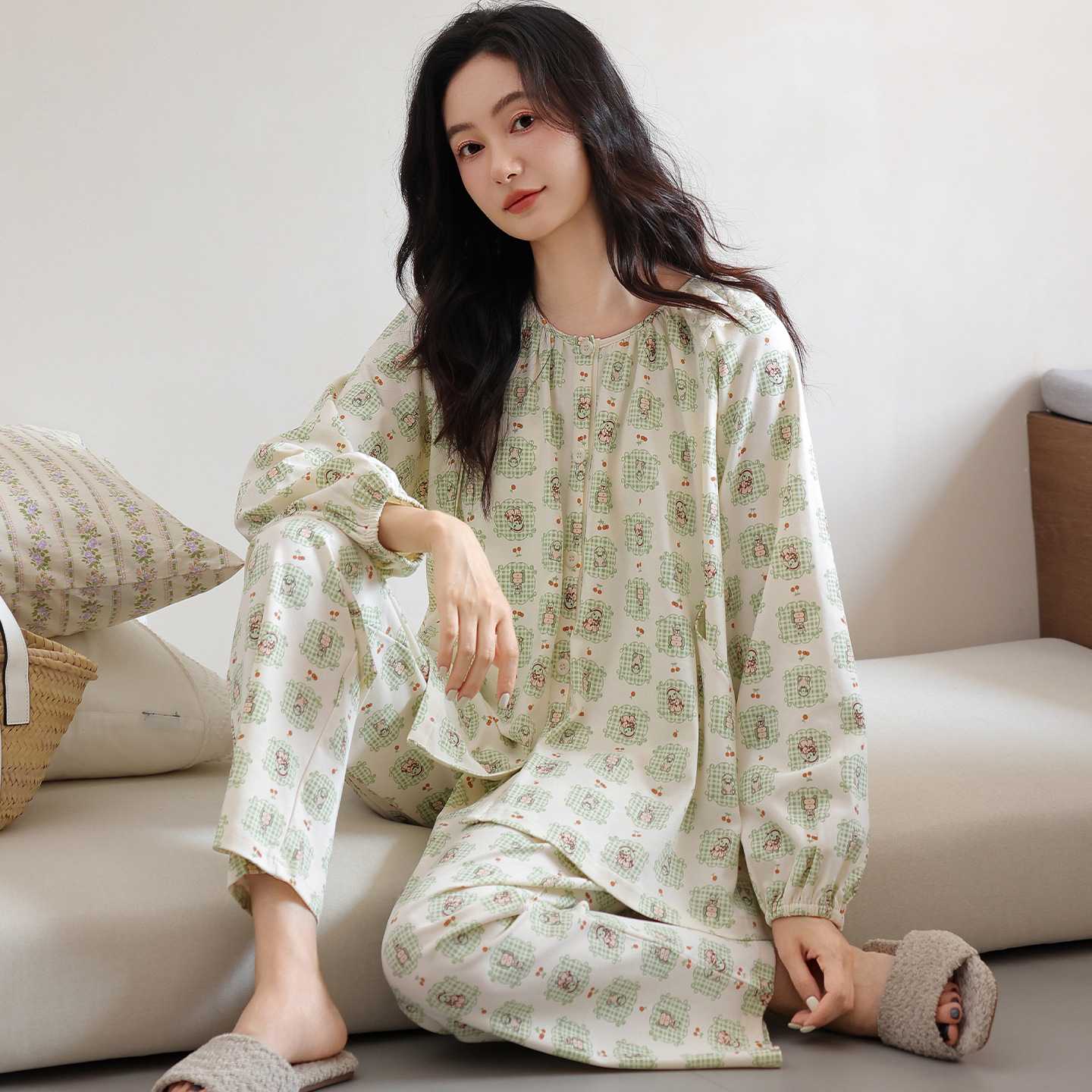 官方正品哺乳期带胸垫睡衣女款春秋季纯棉长袖产后可喂奶秋冬月子