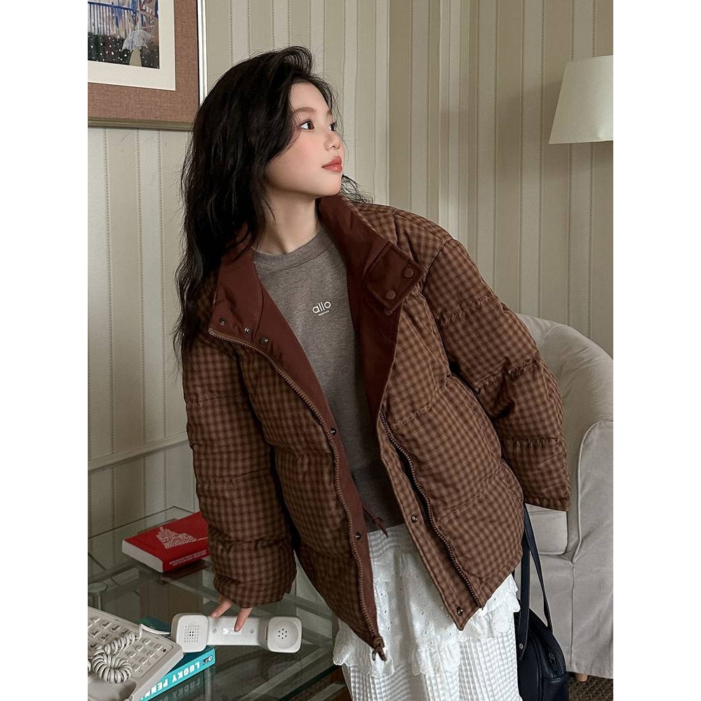 官方正品女童白鸭绒格纹连帽羽绒服2025冬季中大童儿童加厚两面穿