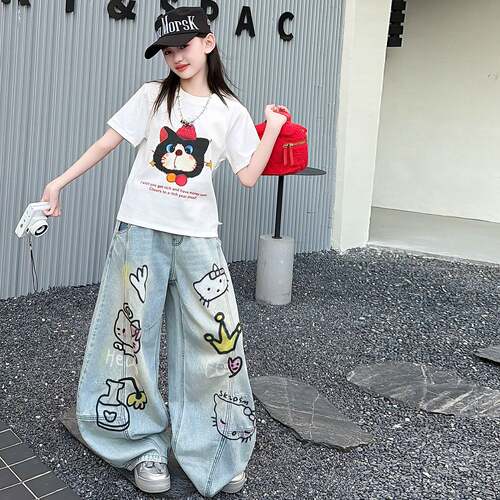 官方正品儿童装女童夏季套装2026新款女童工牌数码印花T恤涂鸦牛