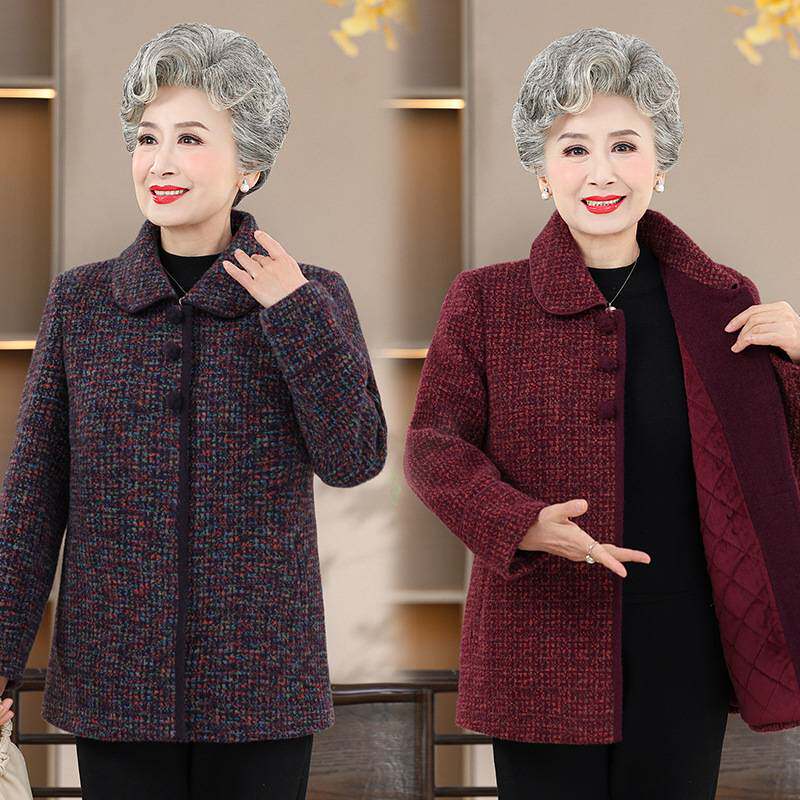 官方正品中老年人秋冬装女加绒奶奶水貂绒外套妈妈毛呢上衣老太太