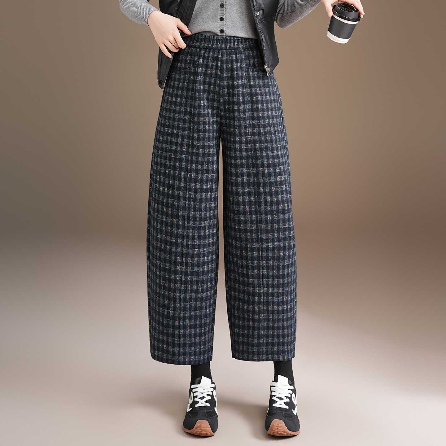 官方正品格子毛呢休闲裤女2026秋冬季新款高腰宽松九分裤垂感小个