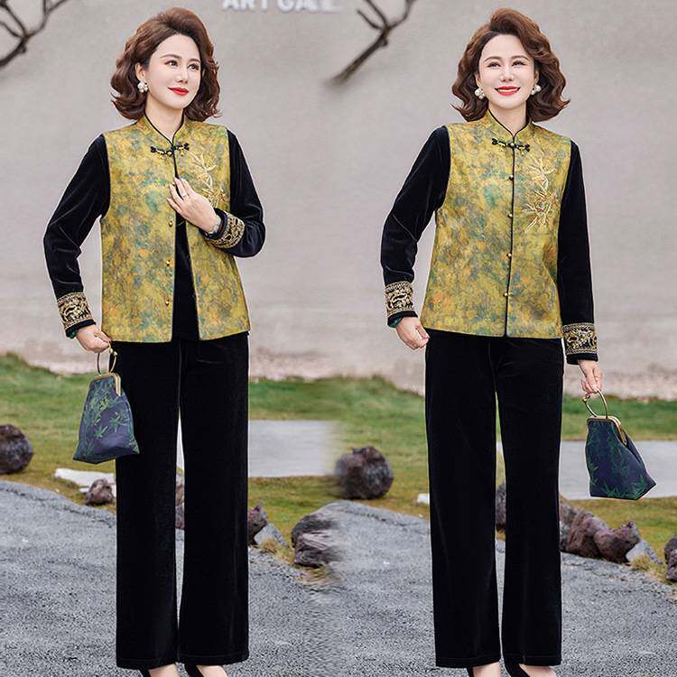 官方正品妈妈新中式春装金丝绒贵气套装女装春秋马甲三件套老奶奶