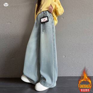 官方正品女童2025年冬季新款kt猫牌挂件加绒牛仔裤女大童冬加绒保
